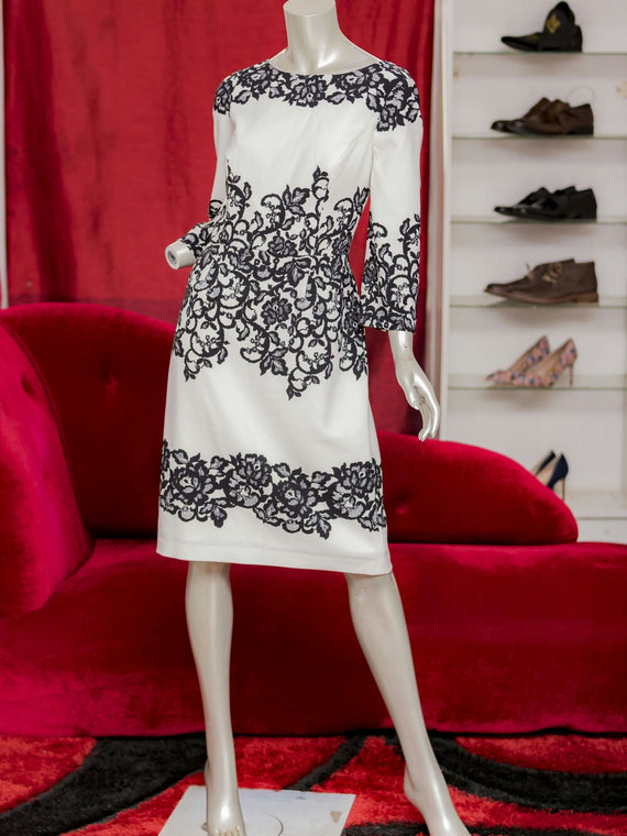 Long Sleeve Short White with Black Pattern Dress