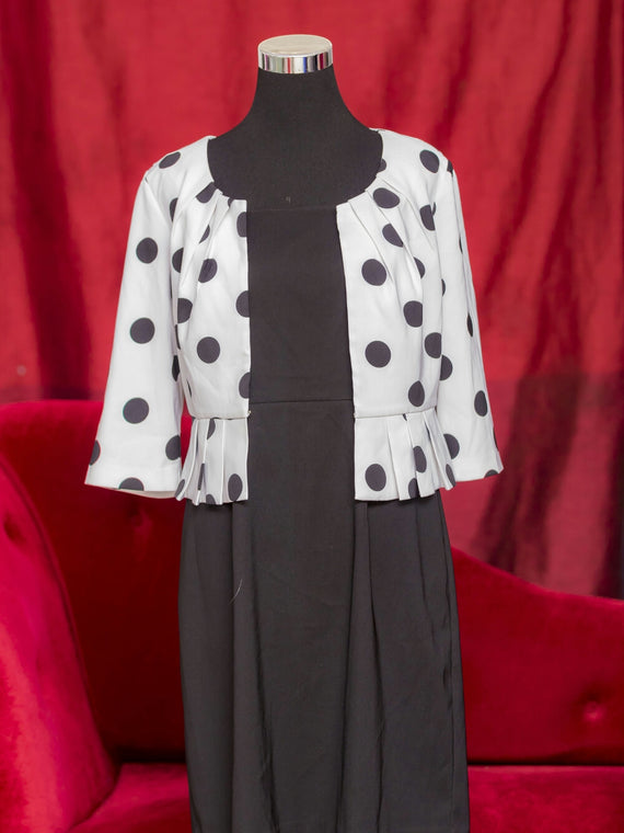 Suit : White Black-Dotted Top with Black Dress